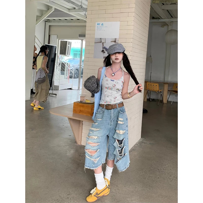 Aiertu  Y2K Streetwear Denim Shorts Women American Vintage High Waist Baggy Wide Leg Denim Shorts New Hole Straight Knee Length Pants Aiertu