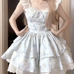 Aiertu  -  Hot Girl Lace Flying Sleeve Floral Dress for Women's Summer Slim Fit Square Collar A-line Short Dress Fashion Female Clothes Aiertu