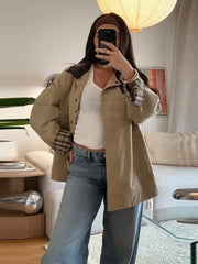 Aiertu  -  Patchwork Vintage Pu Jacket Women Loose Stand Collar Long Sleeve Button Khaki Coats Spring Chic Street Outwears Lady 2025 Aiertu