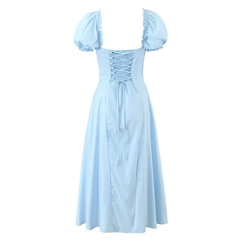 Aiertu  -  Sexy Off Shoulder Blue White Elegant Dress For Women Short Sleeve Lace Up Back A-line Midi Party Dresses Summer Robe Aiertu