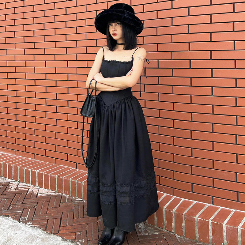 Aiertu - Lace Up Corset Black Maxi Dress Aiertu