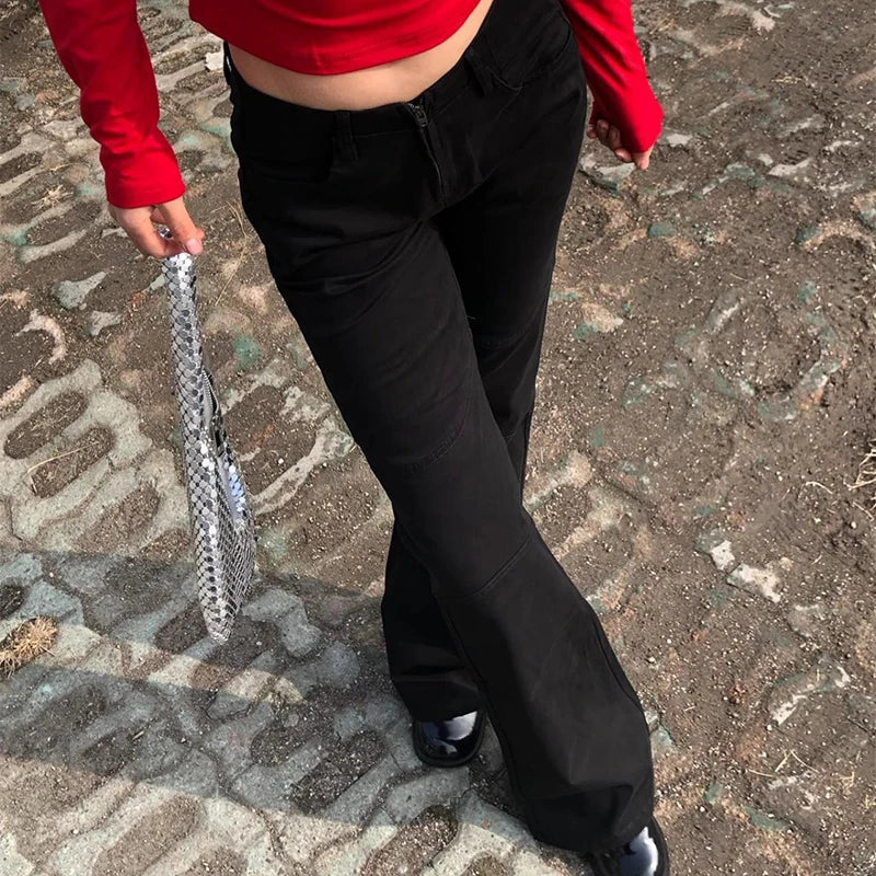 Aiertu  -  Y2K Low Waist Flare Jeans High Street Fashion Women Black Denim Trousers Vintage Slim Fit Zipper Front Pants Spring Aiertu