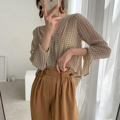 Aiertu Vintage Blouses Women Elegant V Neck Print Long Sleeve Loose Shirts Office Lady Casual Chiffon Chic Sun Protection Tops Aiertu