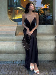 Aiertu  -  Deep V-neck Spaghetti Strap Midi Dress Women Sleeveless Backless Chic Zipper Lace Up Evening Dresses 2025 Summer Satin Robe Aiertu