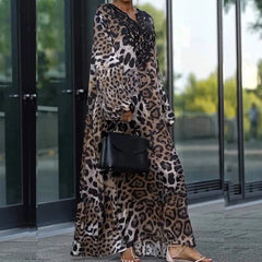 Aiertu  -  Elegant V-neck Leopard Print Loose Party Dress Women Casual Lantern Long Sleeve Long Dress 2026 Fashion Pleated Bohemian Dresses Aiertu