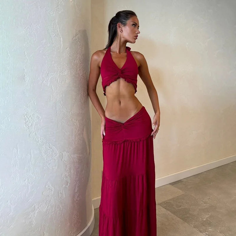 Aiertu  -  Elegant 2 Piece Set Women Outfit Halter V-neck Ruched Corset Tops Hip Package Long Skirts Sets 025 New Lady Vacation Beach Suits Aiertu