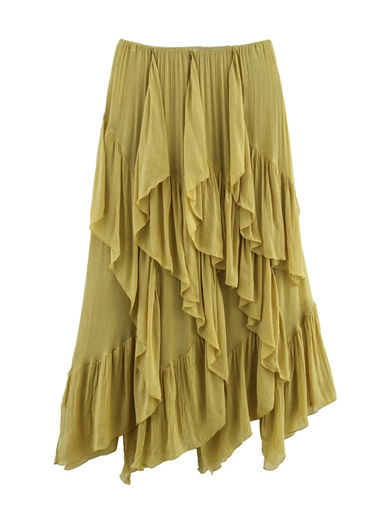 Aiertu  -  Irregular Multi-layer Ruffles Skirt Women Ribbon Pleated Elegant High Waist A-line Skirts 2025 Summer New Street Fold Lady Robe Aiertu