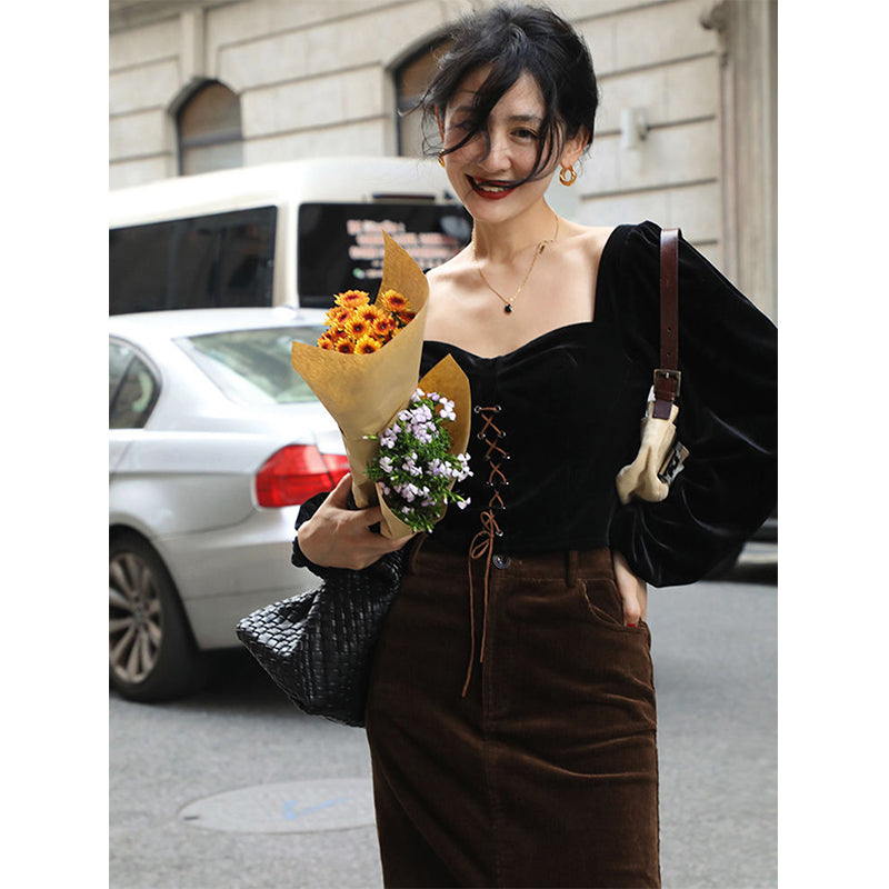 Aiertu Vintage Cropped Velvet Shirts Women Black Square Collar Bandage Blouses Office Ladies Elegant Long Sleeve Slim Tops New Aiertu