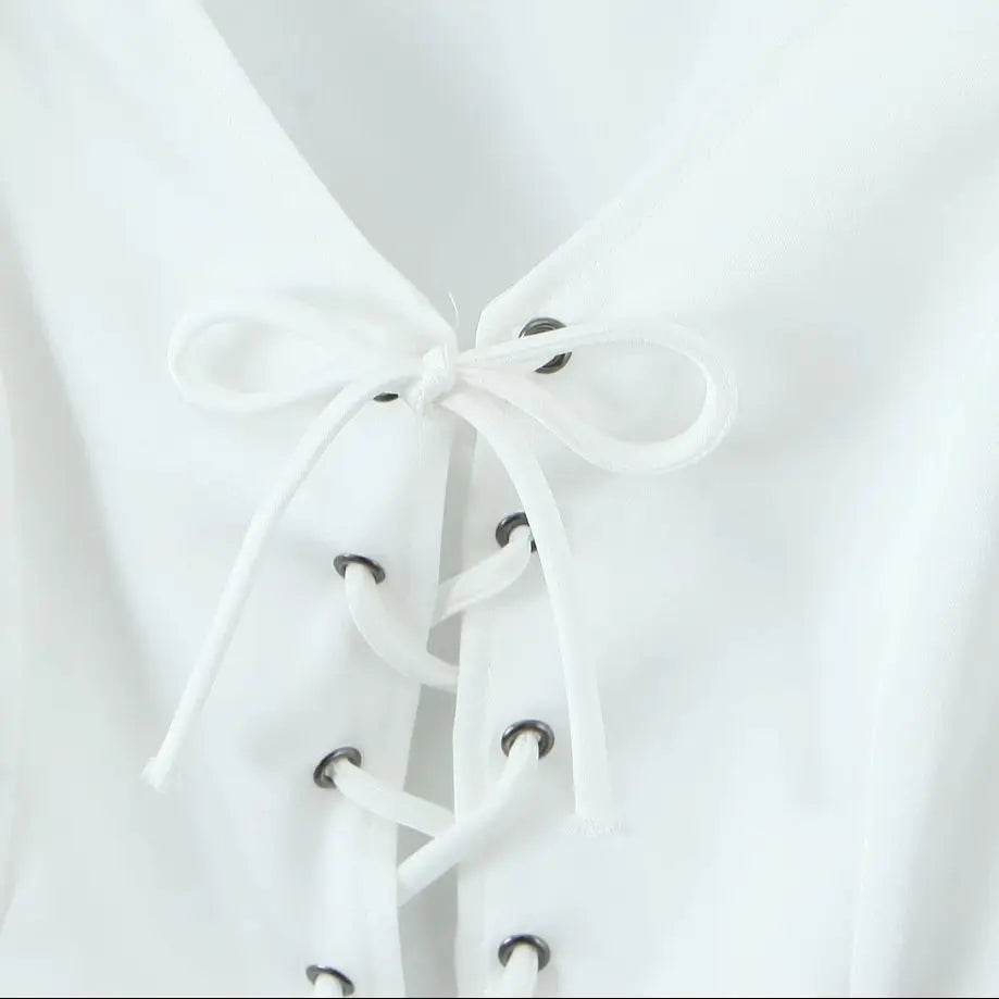 Aiertu  -  Summer eyelets Cross Lacing Up Bow Front Short Lantern Sleeve Shirt + Low Waist Package Hips Ruffles Hem Mini Skirt Sets Aiertu
