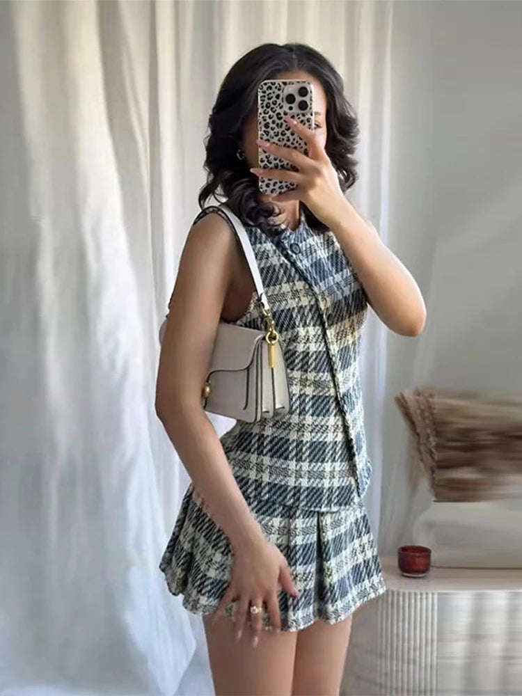 Aiertu  -  Sweet Plaid Sleeveless Mini Dress Set Women Two Piece Set Single Breasted Waist Slim A-line Dresses Casual Chic Female Outfit Aiertu