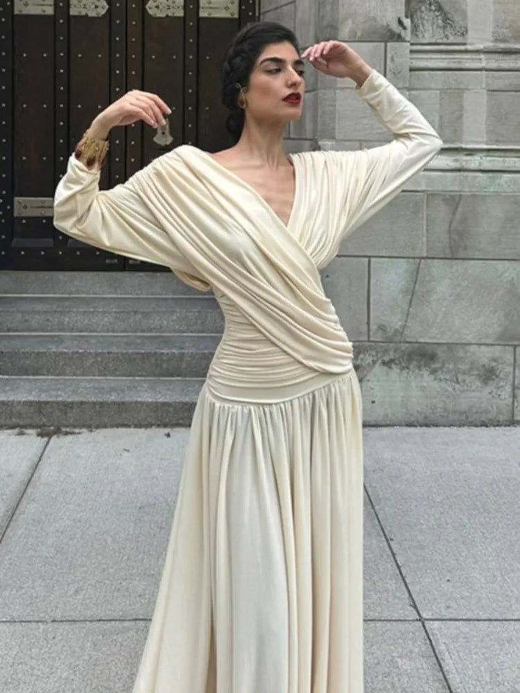 Aiertu  -  New Elegant V-neck Cross Draped Pleated Maxi Dress Women Chic Backless Long Sleeve Party Robes Female Fashion Evening Gowns Aiertu