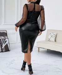 Aiertu Women's Elegant Lace Patchwork PU Leather Dress Temperament Commuting Female Clothes Fresh Sweet Daily Long Sleeve Women Dresses Aiertu