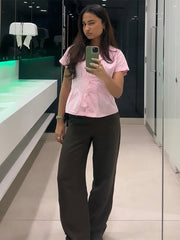 Aiertu  -  Fashion Women's Waist-Closed Shirts Solid Lapel Short Sleeve Button Pleated Lady Shirts 2025 Spring Summer Elegant Female Top Aiertu