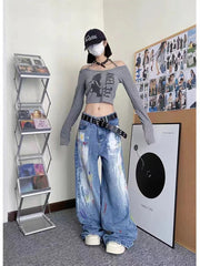 Aiertu  -  Women's Personalized Graffiti Tie Dye Design Jeans Young Girl Denim Trousers Vintage Street Bottoms Female High Waisted Pants Aiertu
