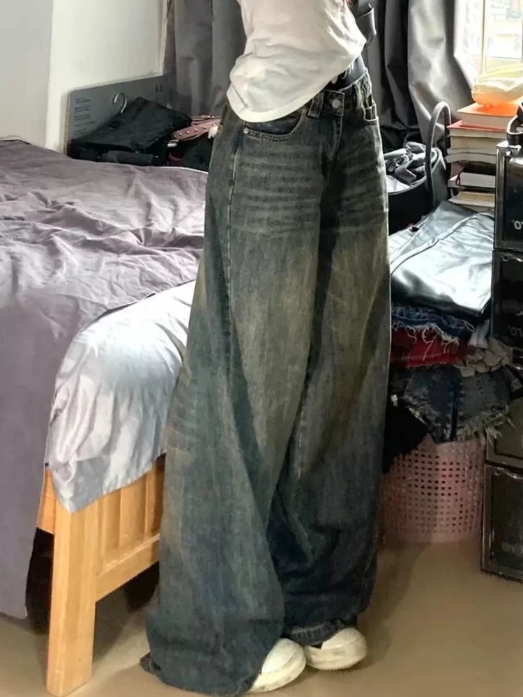 Aiertu  Y2k Vintage High Street Wide Leg Jeans Women American Retro Casual  All-match Streetwear Denim Trousers 2000s Female Aiertu