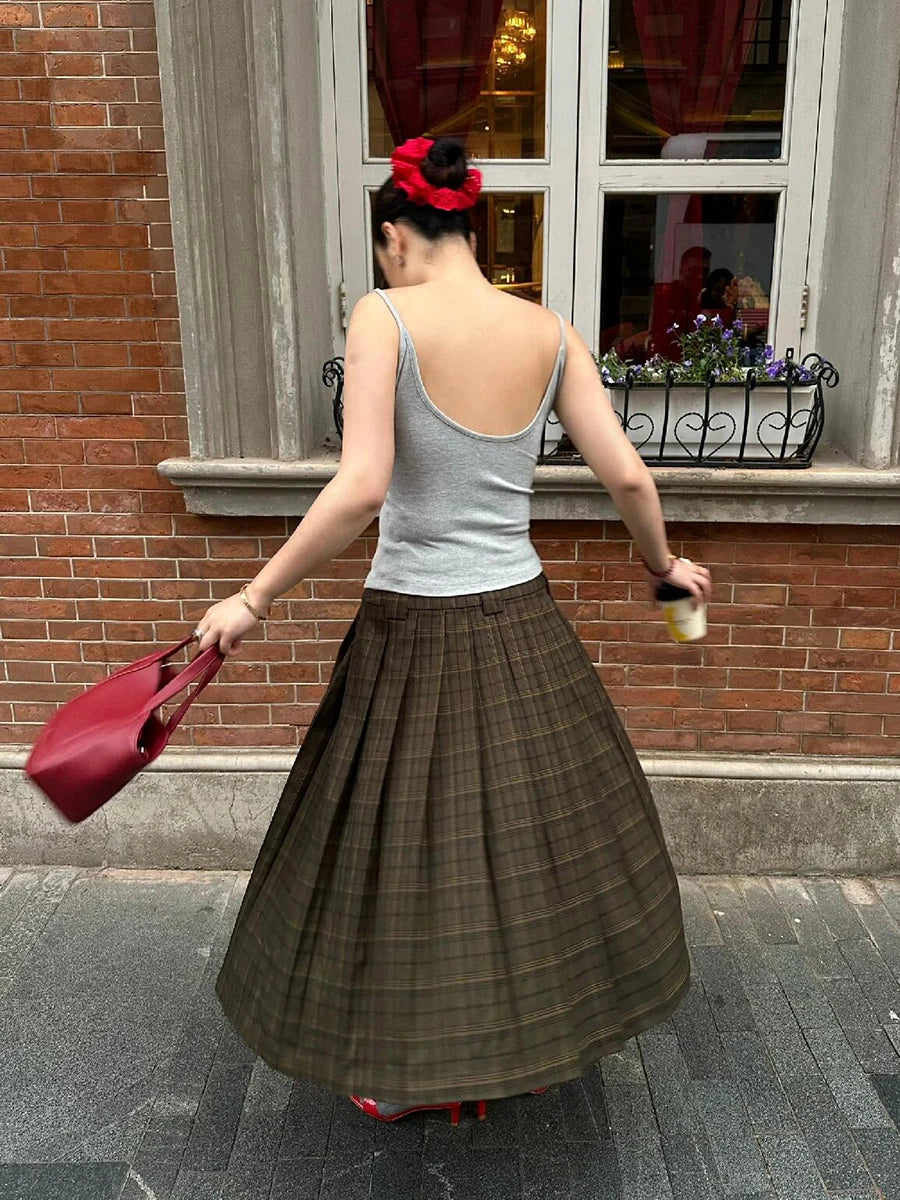 Aiertu  -  Women Midi Long Plaid Skirt Vintage Green High Waist Loose A-line Pleated Skirt School Uniform Casual Autumn Clothes Aiertu