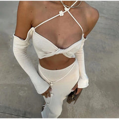 Aiertu  -  Sexy Off Shoulder Sling Bikini Long Skirts Set Woman Casual Slim Solid Lace Up Tube Tops Slit Skirt Sets Female Beach Party Suit Aiertu