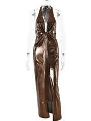 Aiertu  -  Woman Sexy Halter High Waist Backless Long Dress 2026 Ladies Elegant Hollow Out Folds Bandage High Slit Party Evening Dresses Aiertu