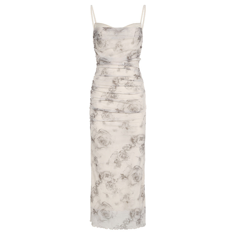Aiertu - Floral Print Slit Mesh Maxi Dress Aiertu