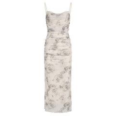 Aiertu - Floral Print Slit Mesh Maxi Dress Aiertu