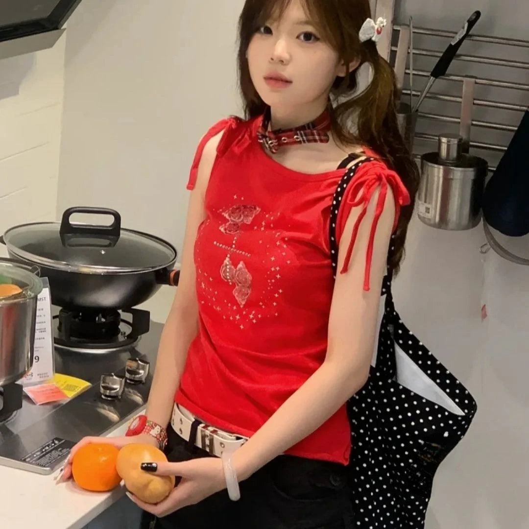 Aiertu  -  Summer Diamond Printing Streetwear Tank Top Women Y2k Aesthetic Sleeveless Harajuku Bandage Tanks Red Sexy Casual Grunge Tees Aiertu