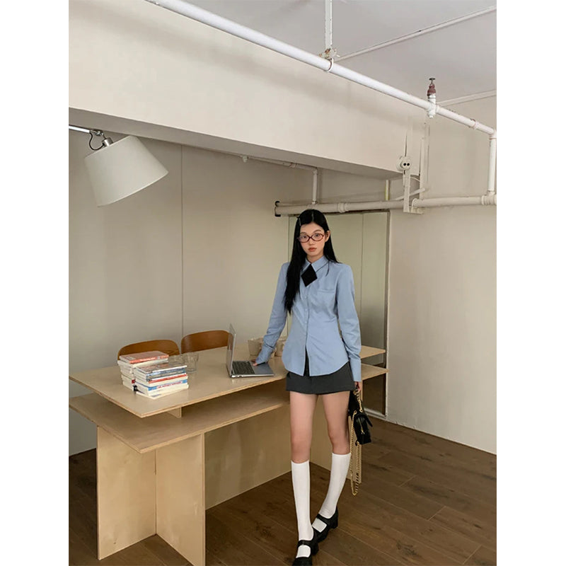 Aiertu Harajuku with Tie Shirts Women Japanese Preppy Blue Long Sleeve Blouses Spring Summer Korean Fashion Basic Slim Chic Tops Aiertu