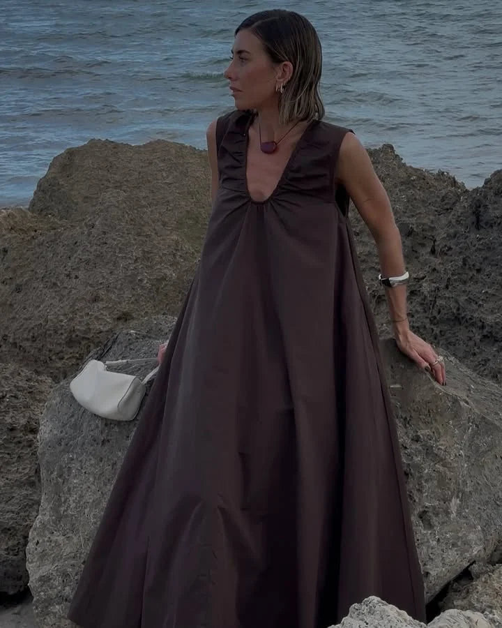 Aiertu  -  Sleeveless Summer Cotton Lined Long Dress Women Elegant V-neck Pleated Solid Loose Dresses Holiday Casual Evening Lady Vestidos Aiertu