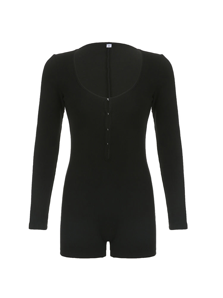 Aiertu - summer inspo Hollow Hook Front Skinny Sexy Black Rompers Womens Black Solid O Neck Long Sleeve Autumn Winter Playsuit Basic Baddie Outfits Aiertu