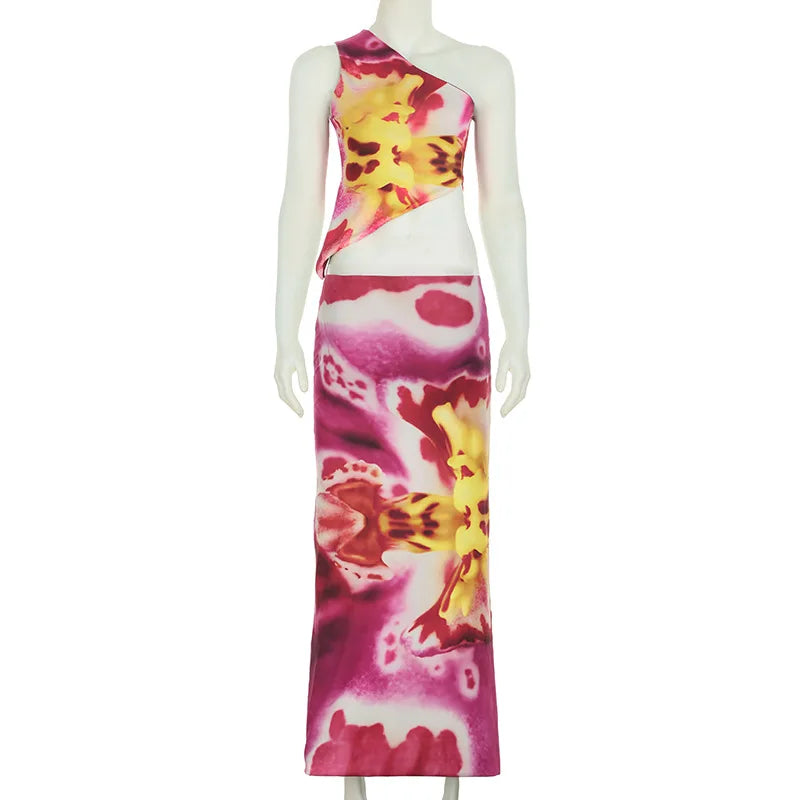 Aiertu  -  Floral Print Two Piece Summer Set One Shoulder Crop Top and Long Skirt Matching Vacation Sets Woman P84-EC39 Aiertu