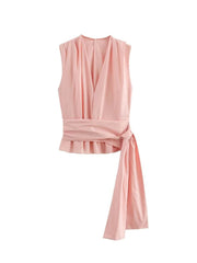 Aiertu  -  Women Sumemr Pleated 2-Pieces Sets Fashion Solid Poplin Blouses Tops and Trousers Female Elegant Street Two Suits Clothing Aiertu
