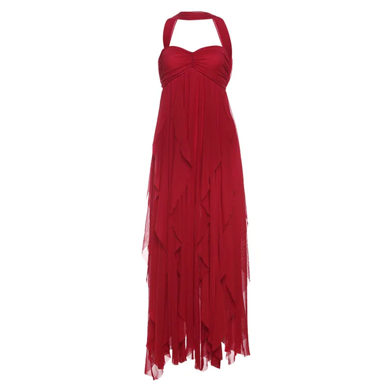 Aiertu  -  Chiffon Red Party Dresses Sexy Elagant Irregular Ruffle Sleeveless Backless Long Dresses for Women P94-FI59 Aiertu