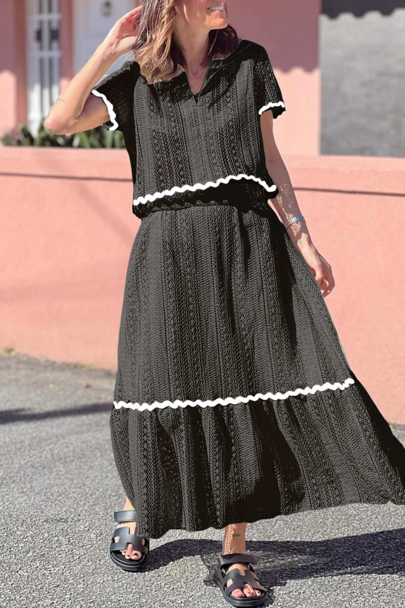 Aiertu  -  Daily Elegant Solid Color Hollow Out Patchwork Contrast Turndown Collar Short Sleeve Two Pieces(3 Colors) Aiertu