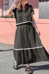 Aiertu  -  Daily Elegant Solid Color Hollow Out Patchwork Contrast Turndown Collar Short Sleeve Two Pieces(3 Colors) Aiertu
