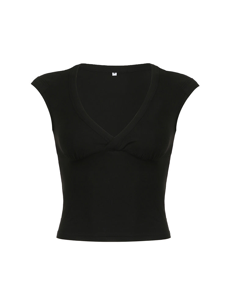 Aiertu - summer inspo Hot White Solid Basic Slim Low Bust V Neck Crop Tees Women Black Simple Fashion Short Sleeve Summer T Shirt Aiertu