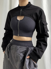 Aiertu - summer inspo Zip Up Stand Collar Long Sleeve Black Cropped Jackets Women Pocket Safari Style Streetwear Aiertu
