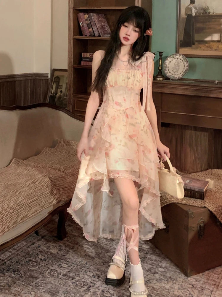Aiertu  -  French Elegant Fairy Print Dress Women Casual Even Party Irregular Sleeveless Midi Dress Female Vintage Y2k Floral Summer Aiertu