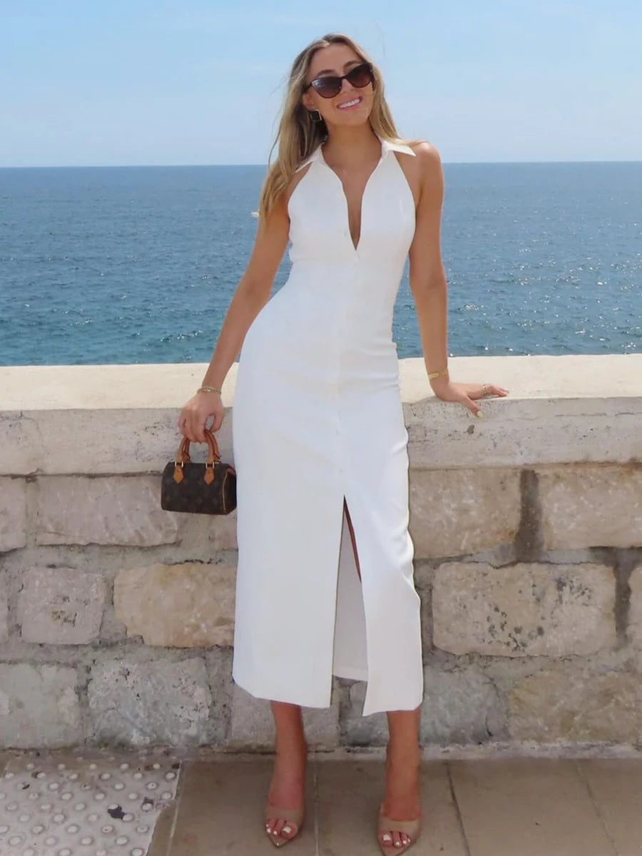 Aiertu  -  White Chic Slim Split Halter Dresses Women Summer Single Breasted Sleeveless Midi Dress 2025 New Elegant Casual Fashion Vestidos Aiertu