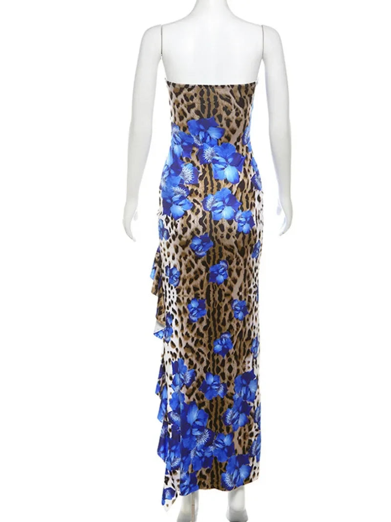 Aiertu  -  Fashion Women Strapless Floral Dresses 2026 Sexy Sleeveless Leopard Printed High Waist Ruffles Split Long Party Holiday Dress Aiertu