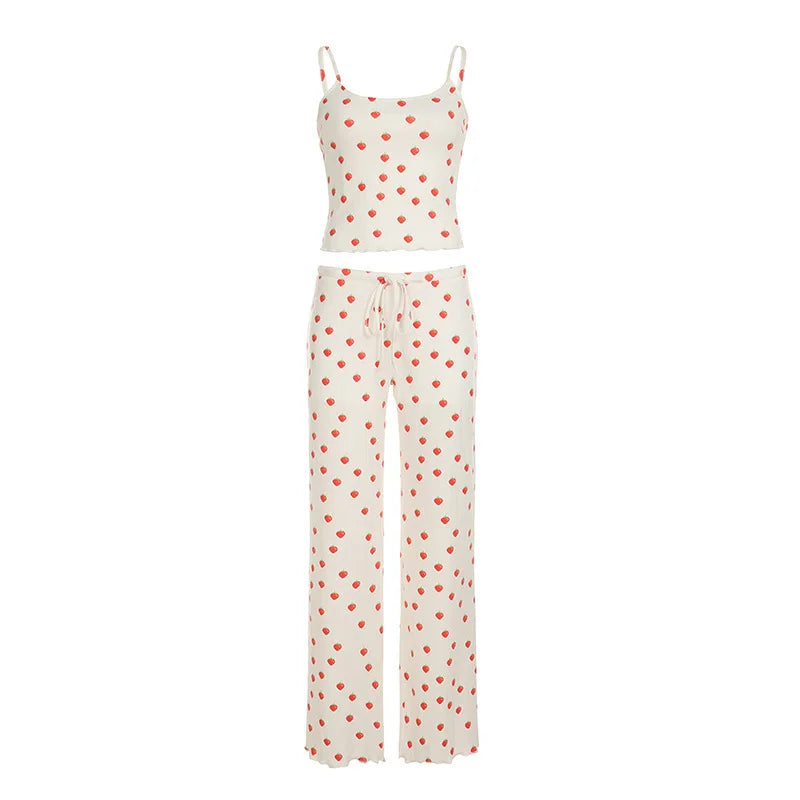 Aiertu  -  Strawberry Printed Tank Top Straight Leg Pants 2 Piece Set Women's Color Contrasting Pajama Leisure Suit Homewear Aiertu