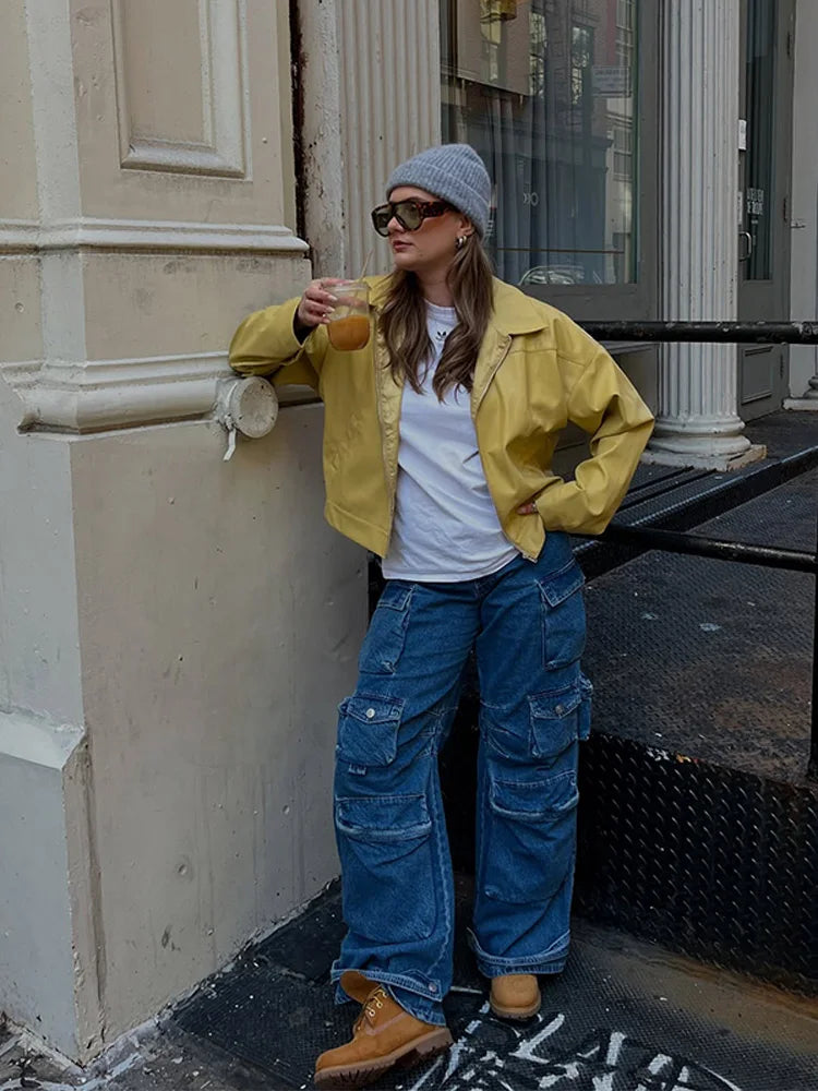 Aiertu  -  Zipper Lapel PU Leather Jacket Coat Vintage Pocket Cargo Jackets Baggy Women Short Outwear Top Lemon Yellow Overcoat Streetwear Aiertu