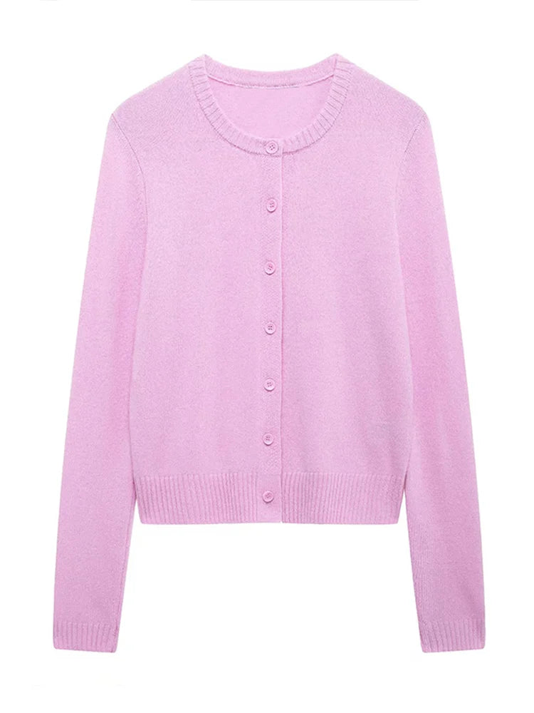 Aiertu  -  Pink Knit Single Breasted Cardigan Women Casual Round Neck Long Sleeves Sweater Female 2026 Autumn Solid Lady Kintwear Aiertu
