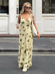 Aiertu  -  Printed Halter Women Dress V-Neck Waist Cinching Slimming  Silk Satin Sexy Suspender Robes Pleated Beach Long Dresses Summer New Aiertu