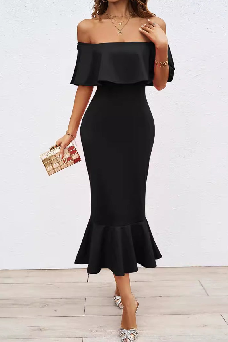 Aiertu  -Sexy Prom Solid Color Ruffle Off Shoulder Fishtail Dresses aiertu