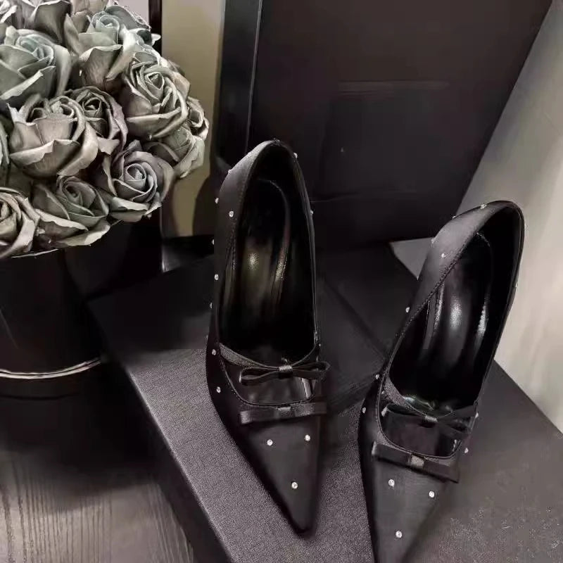 Aiertu    -  New Thin Heel Shallow Mouth Single Shoes Banquet Fashion Bow Pointed Water Diamond Silk High Heels Aiertu