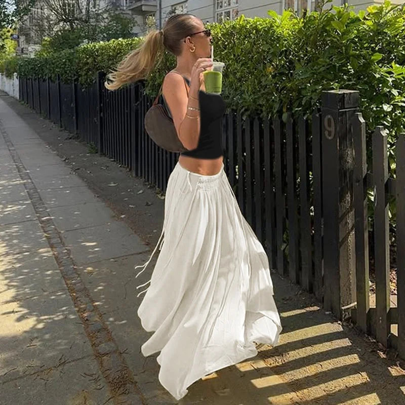 Aiertu  -  Slim Drawstring Pleated Long Skirt For Women Elastic Waist Solid Color High Waist Fashion Patchwork Female Long Skirt Aiertu