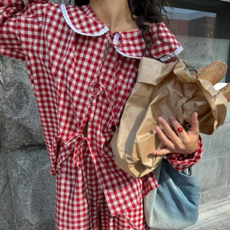 Aiertu  -  Red Plaid Lace Trim Pants Sets Woman Long Sleeve Lace-up Blouse+Elastic Waist Wide Leg Trouser Casual Fashion Home 2 Piece Set Aiertu