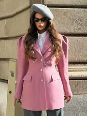 Aiertu  -  Puffed Sleeve Suit Coat Jacket Pink Heart-Shaped Elbow Waist Cinched Slimming Overcoat Commuter Casual Women Elegant Outwear Top Aiertu