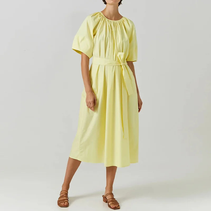 Aiertu  -  Elegant Style 100% Cotton Midi Dress with Belt  Loose Waist Pleated Soild Elastic O-Neck Summer Dresses A-Line Lace-up Lady Robe Aiertu