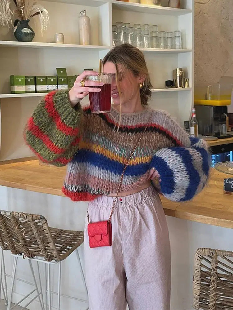 Aiertu  -  Casual Knitted Colorful Stripes Sweater Women Fashion O Neck Puff Long Sleeves Short Pullover Autumn Lady High Street Jumper Aiertu