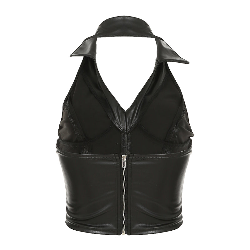 Aiertu - summer inspo Hot Sexy Gyaru Slim Fit Leather Short Tops Women Halter Up Turn Down Collar Fashion Trendy Backless Design Tanks Aiertu